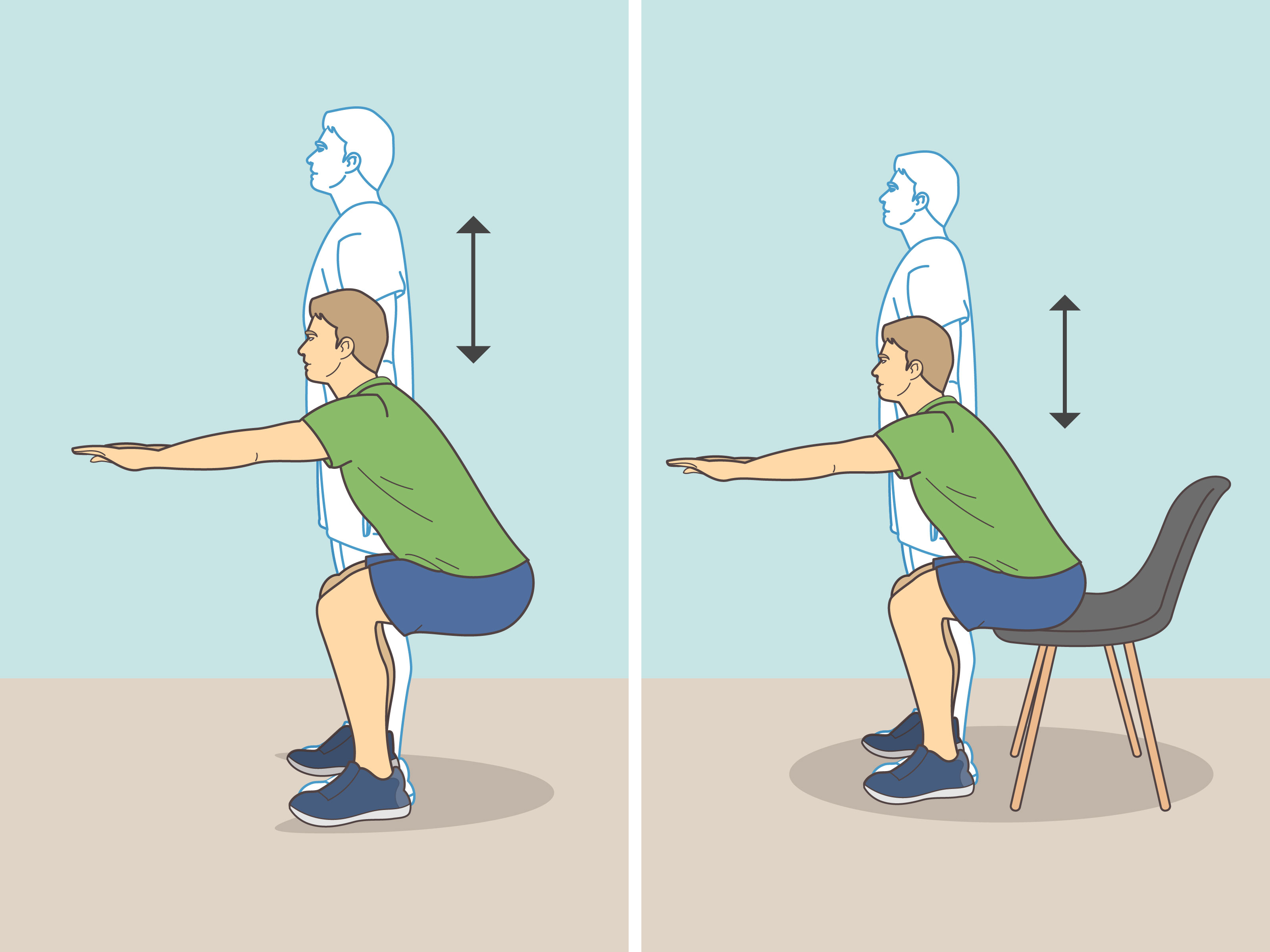 Demonstration of proper squat form in a home setting